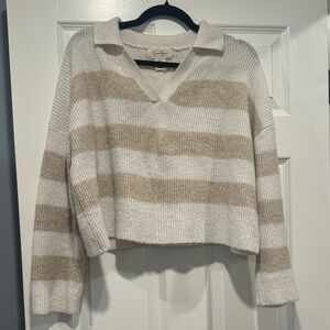 Jessica Simpson V-Neck Sweater - Cream and Tan Stripes